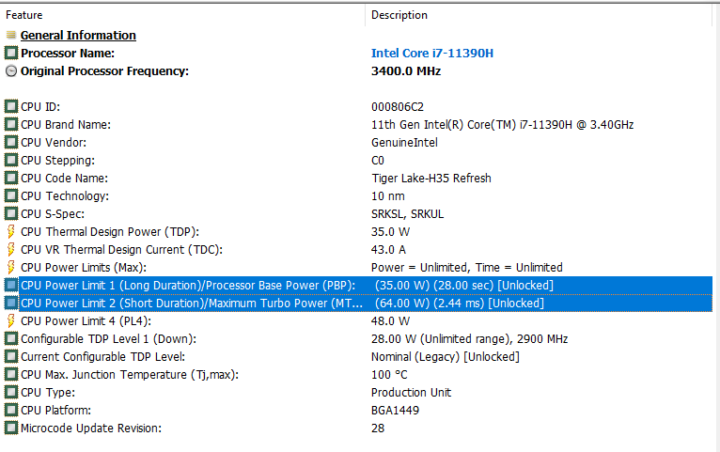 TDP Intel core i7 11390H