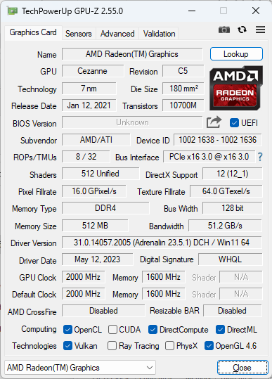 GPU-Z AMD Radeon Vega 8 Graphics