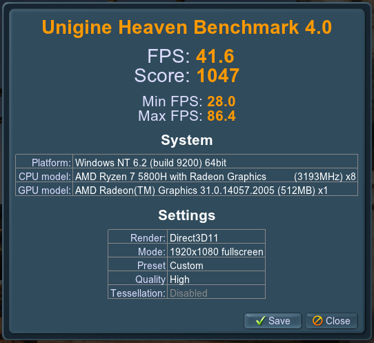 Unigine Heave Benchmark 4.0 A5 Geekom