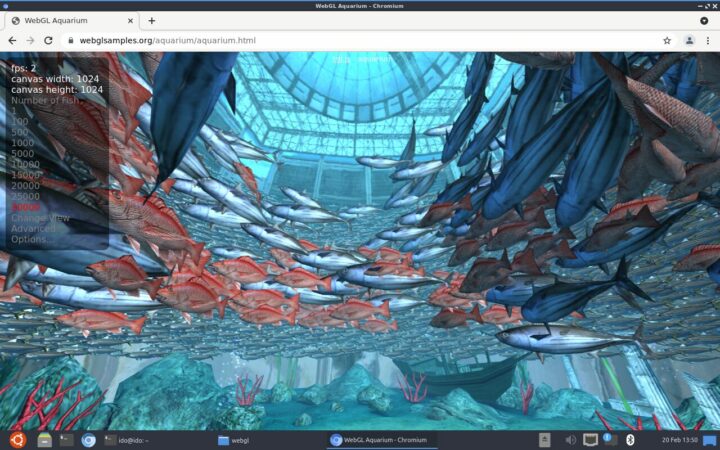 ทดสอบ WebGL Aquarium ด้วยปลา 30,000 ตัวบนบอร์ด Purple Pi OH