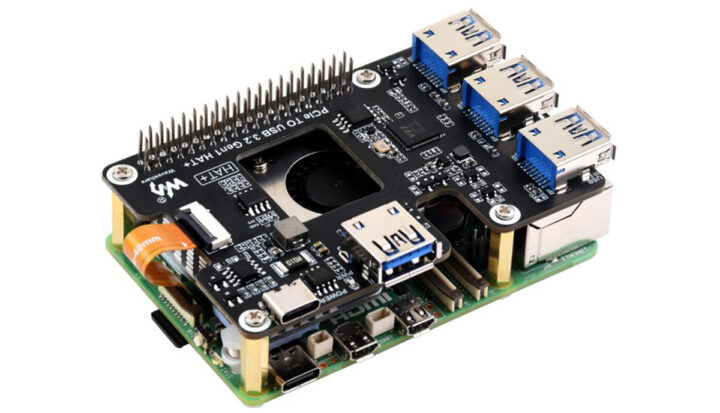 Waveshares PCIe To USB 3.2 Gen1 HAT with Pi5 Connected