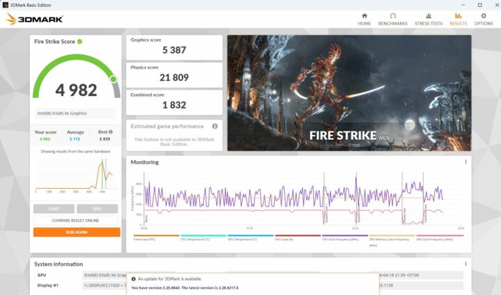 GEEKOM XT12 Pro 3Dmark Fire Strike GPU benchmark