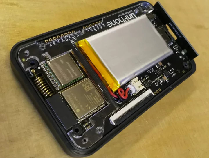 unPhone’s internals with battery, ESP32-S3, and LoRa module