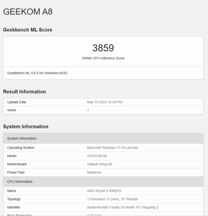 GEEKOM A8 Geekbench ML Score