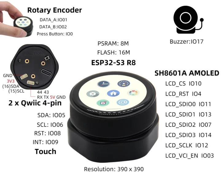 ESP32-S3 rotary encoder AMOLED touchscreen display