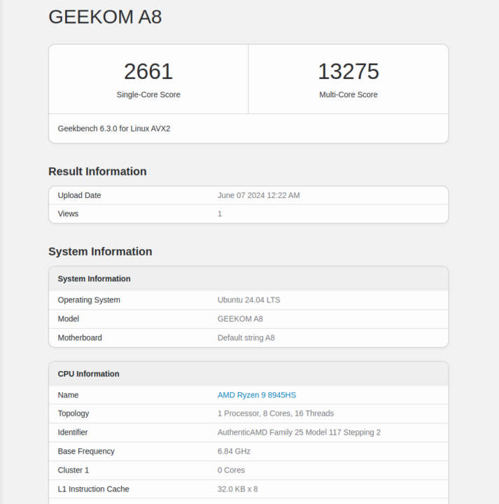 Geekbench 6.3.0 linux GEEKOM A8