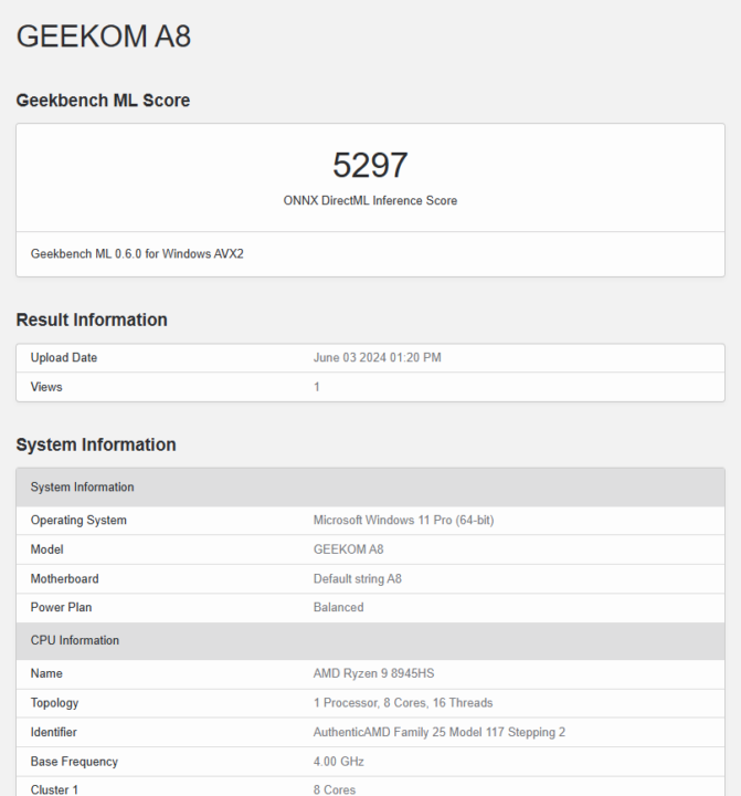 Geekbench ML 0.6.0 GEEKOM A8