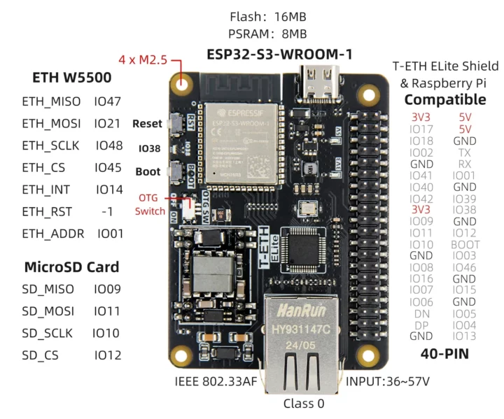 ESP32 S3 Ethernet board Raspberry Pi GPIO header