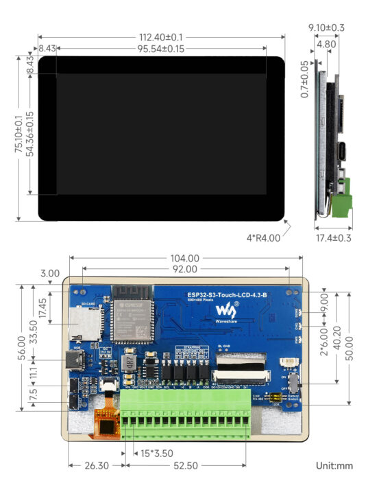 ESP32-S3 Touch LCD 4.3-inch details size