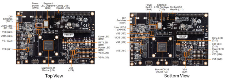 Lattice MachXO5D-NX FPGA dev board top and bottom view