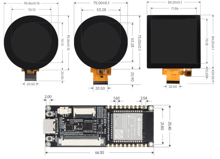 Waveshare ESP32-S3 LCD Driver Board and Display Outline Dimensions