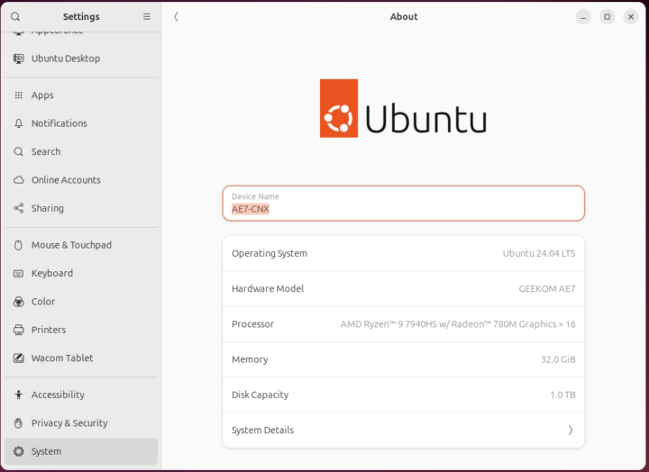 about GEEKOM AE7 Ubuntu 24.04