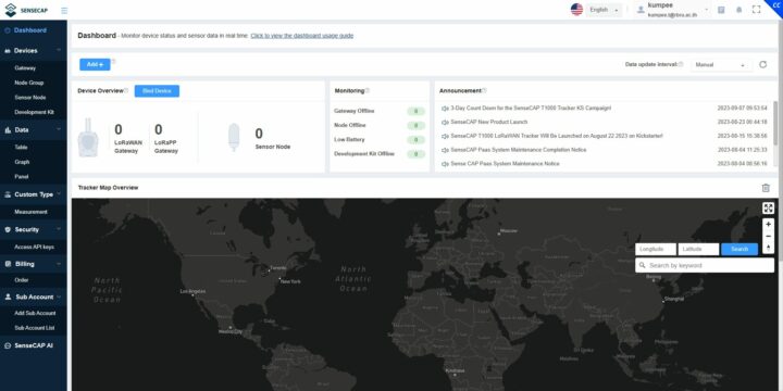 หน้า Dashboard ของ SenseCAP M2 LoRaWAN Indoor Gateway 