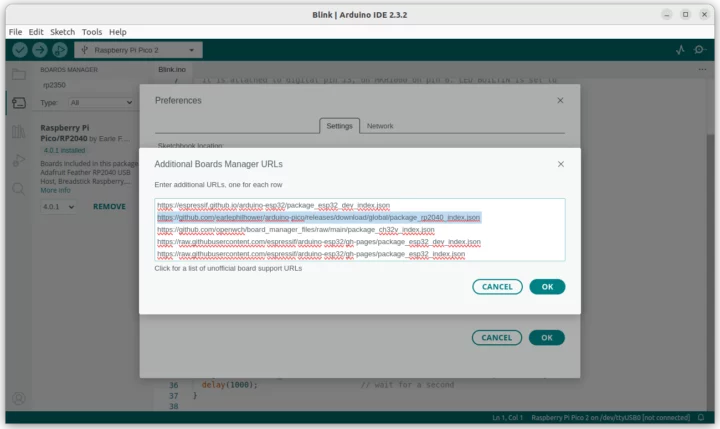 Arduino Pico boards manager URL