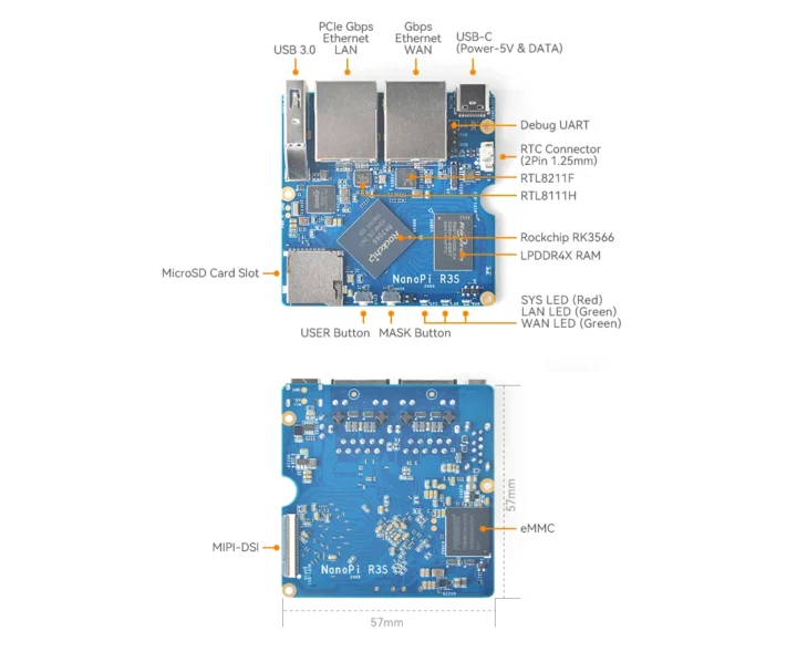 NanoPi R3S Rockchip RK3566 dual GbE router board