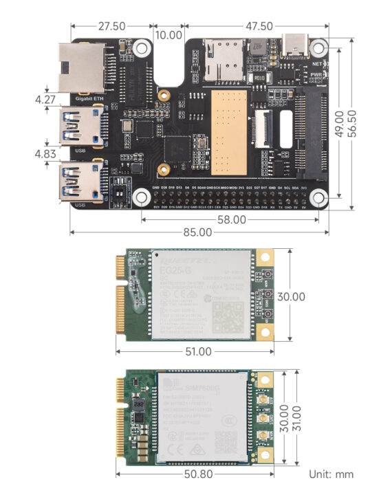 Waveshare Raspberry Pi 5 HAT+ GbE USB3.2 Dimensions