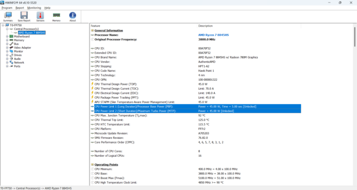 AMD Ryzen 7 8845HS power limits PL1 PL2