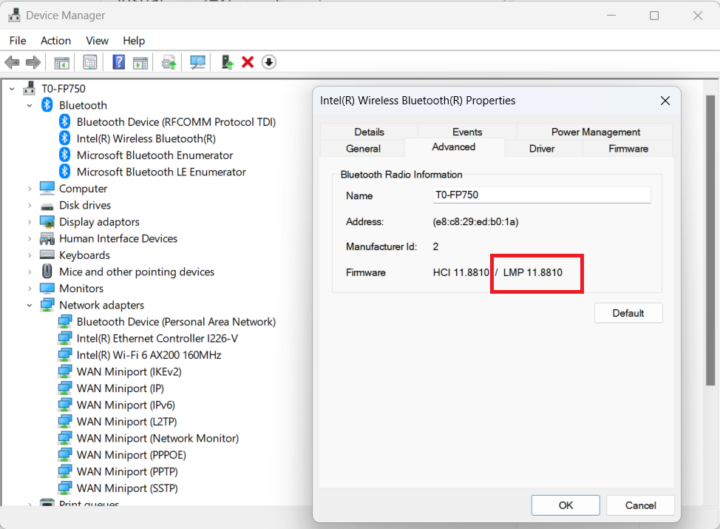 Device Manager Intel Wireless Bluetooth 5.2