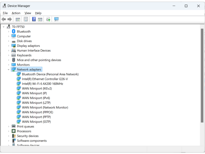 Device manager T0 FP750 Network