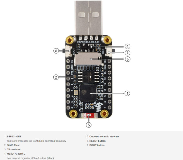 ESP32-S3 USB Dongle LCD 1.47 inch specifications