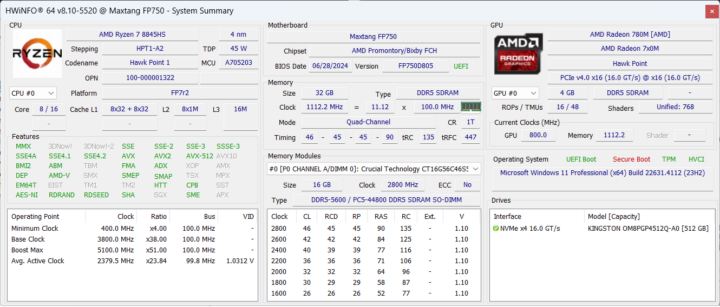HWiNFO AMD Ryzen 7 8845HS 8 cores 16 Threads