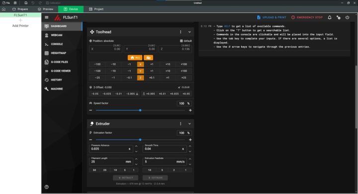 FlsunSlicer Fluidd Tools control