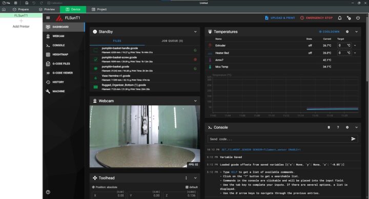 FlsunSlicer Fluidd interface