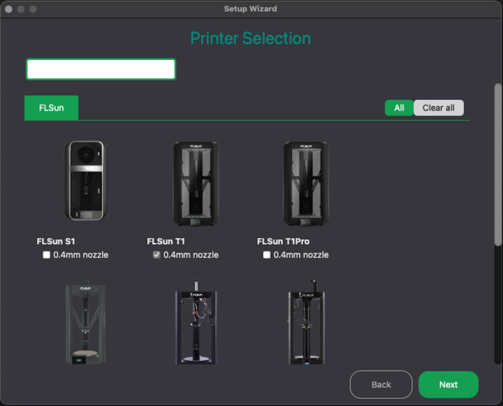 FlsunSlicer printer selection