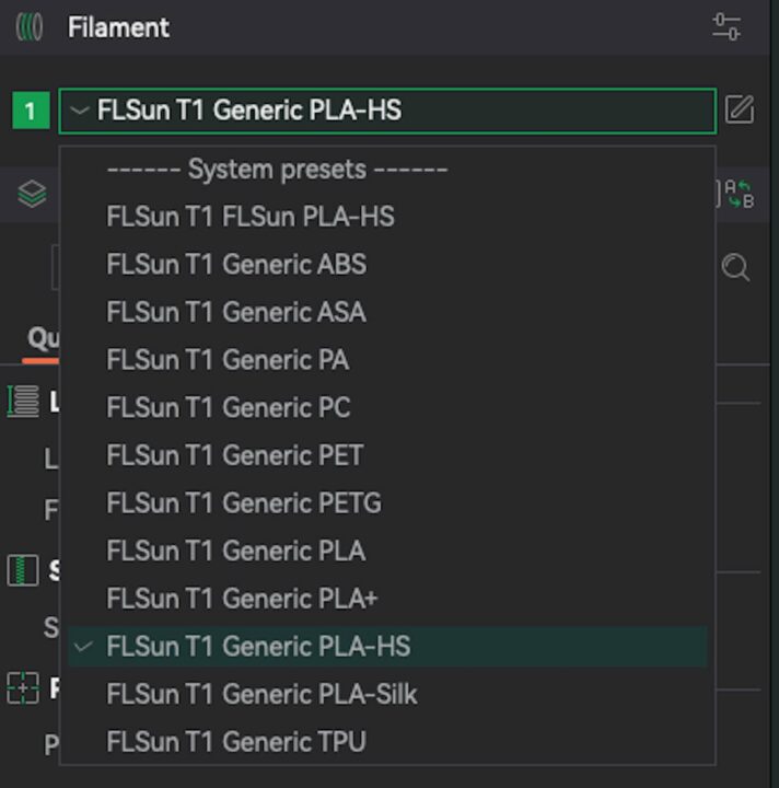 FlsunSlicer select filament type