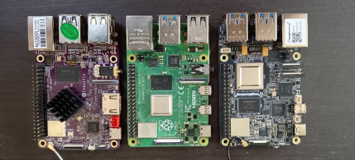 เปรียบเทียบขนาด BeagleY-AI กับ Raspbery Pi Model B และ Purple Pi OH (ด้านบน)