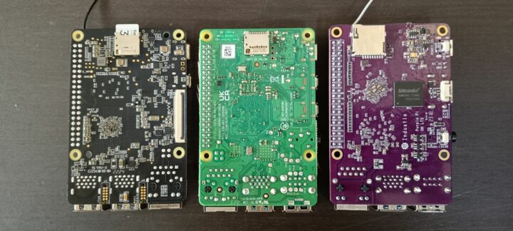 เปรียบเทียบขนาด BeagleY-AI กับ Raspbery Pi Model B และ Purple Pi OH (ด้านล่าง)