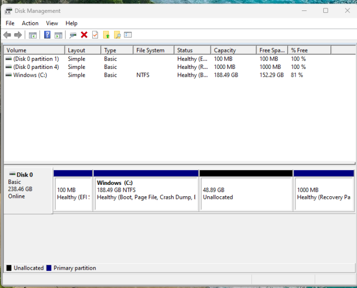 Disk management partition