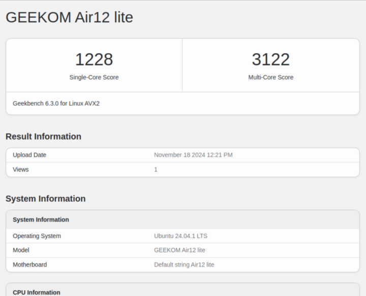 GEEKOM Mini Air12 Lite Geekbench 6.3.0