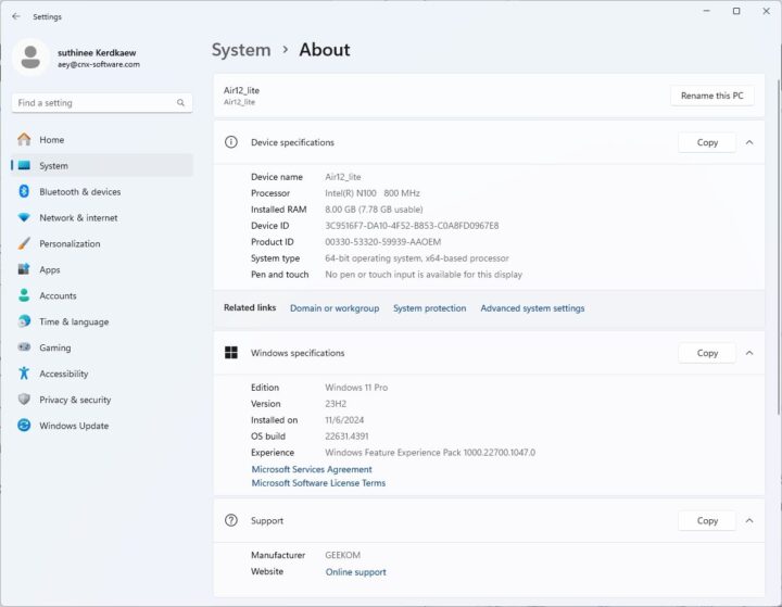 System about GEEKOM Mini Air12 Lite