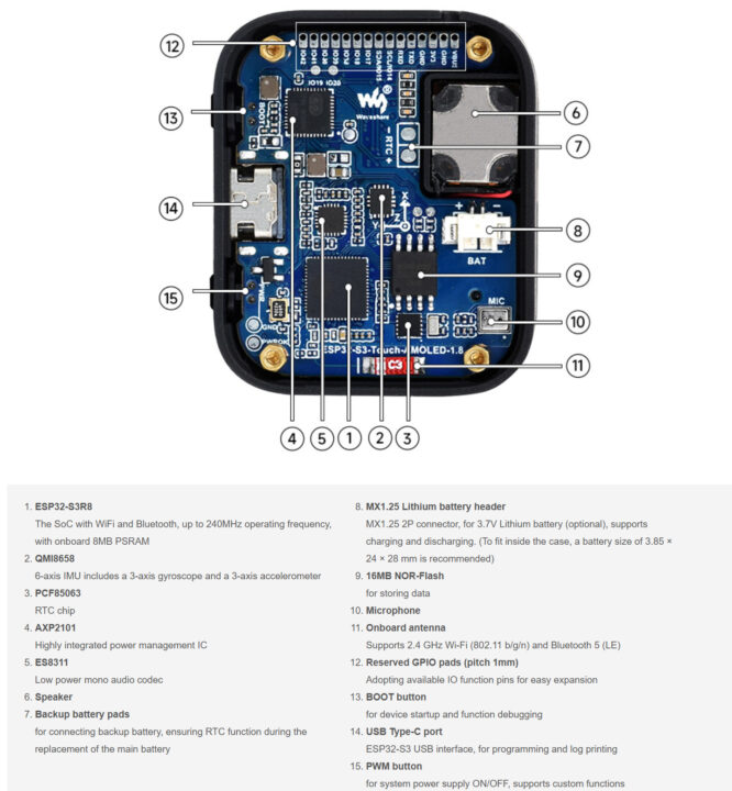 ESP32-S3 1.8inch AMOLED display development board specifiations