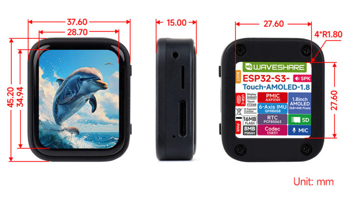 ESP32-S3 AMOLED display development board dimensions