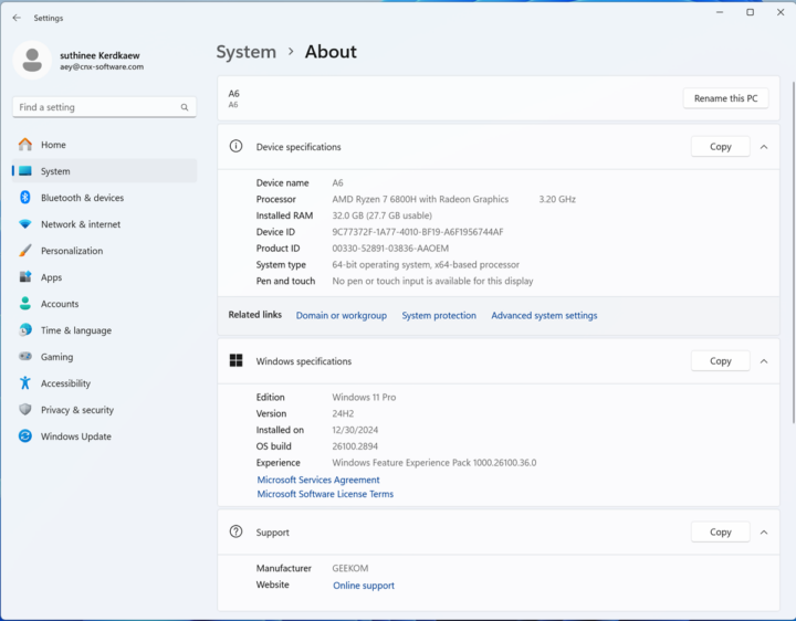 GEEKOM A6 Windows 11 System Information