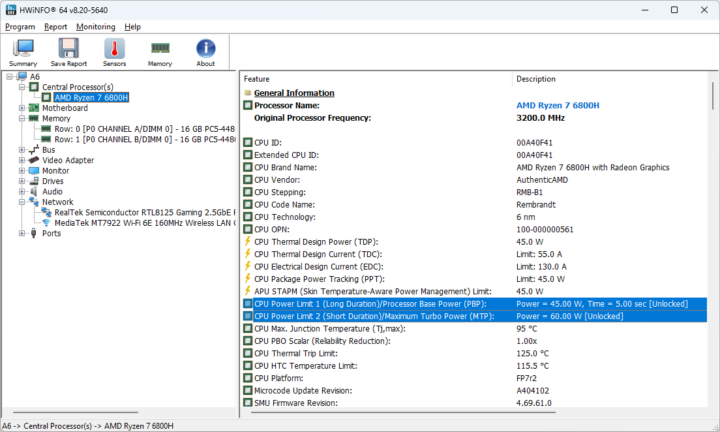 AMD Ryzen 7 6800H CPU Power Limit