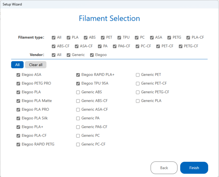 ELEGOO Centauri Carbon 3D printer Program Flament selection