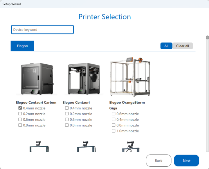 ELEGOO Centauri Carbon 3D printer Program Printer select