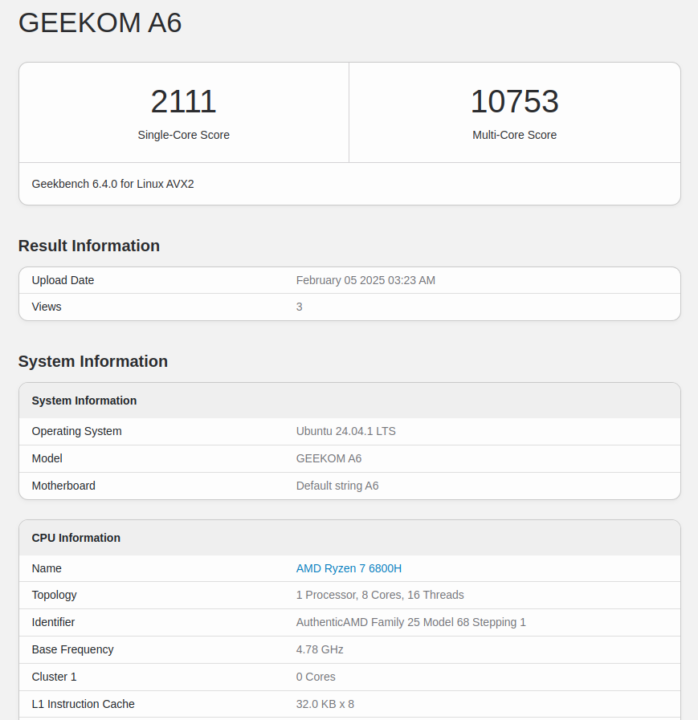 GEEKOM A6 geekbench Ubuntu 24.04