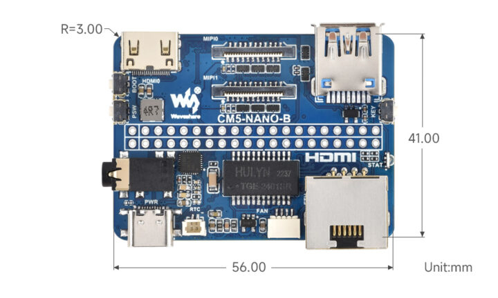 Waveshare CM5-NANO-B Raspberry Pi CM5 carrier bord dimensions