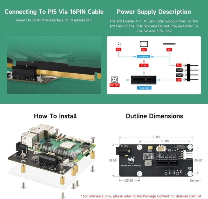 Waveshare PCIe x1 adapter for Raspberry Pi 5 with mounting kit