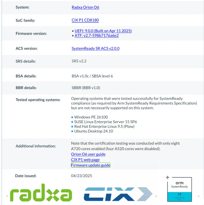Radxa Orion O6 CIX P1 Arm SystemReady SR certificate