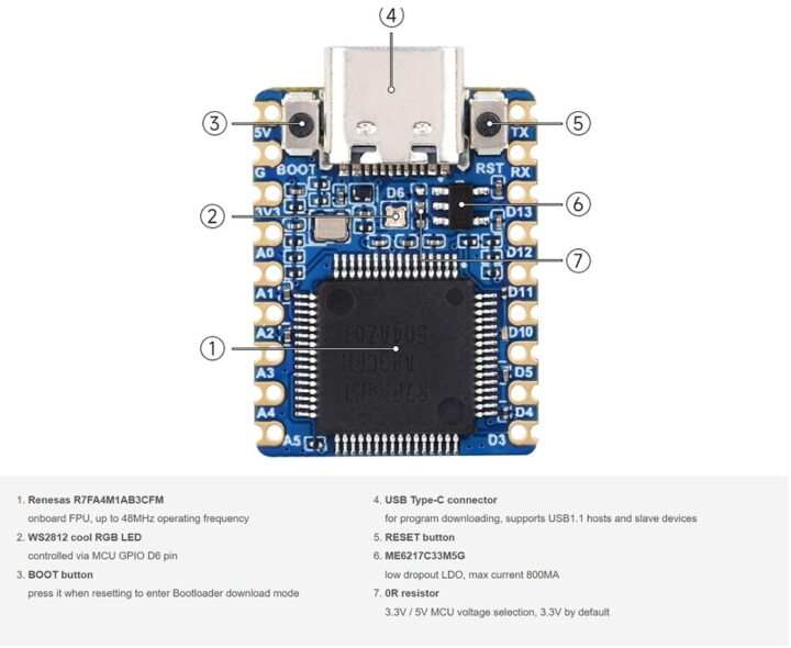 RA4M1-Zero Mini Development Board Onboard Components RA4M1-Zero Mini Development Board Onboard Components
