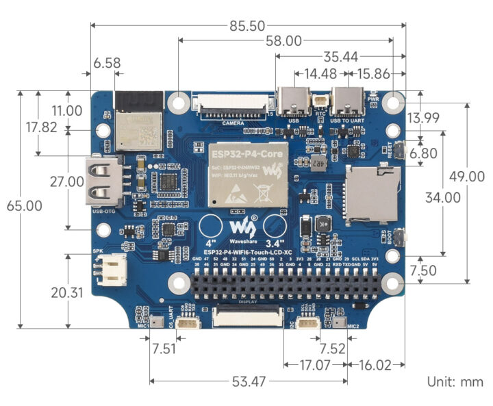 ESP32-P4 WIFI6 Touch LCD 4C Mainboard dimenisons