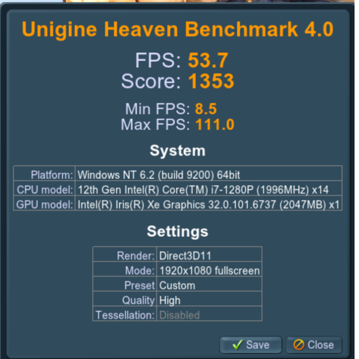 GEEKOM Mini IT12 Core i7-1280P windows Unigine Heaven Benchmark 4.0