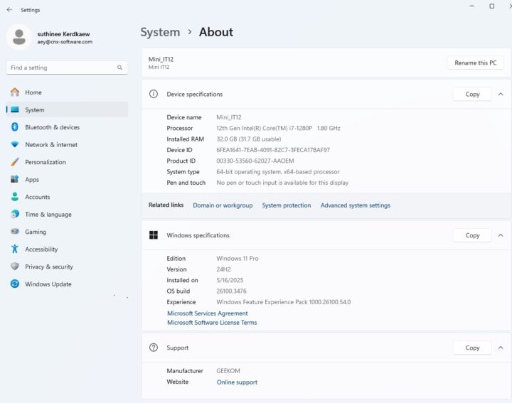 GEEKOM Mini IT12 Intel i7 1280P system about
