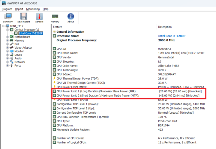 GEEKOM Mini IT12 Core i7-1280P windows Power Limit