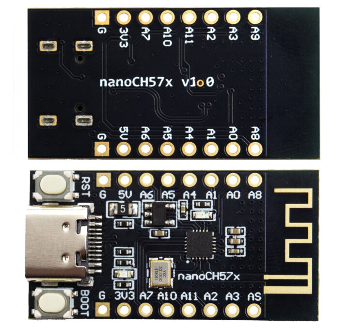 MuseLab nanoCH57x development board top and bottom MuseLab nanoCH57x development board top and bottom